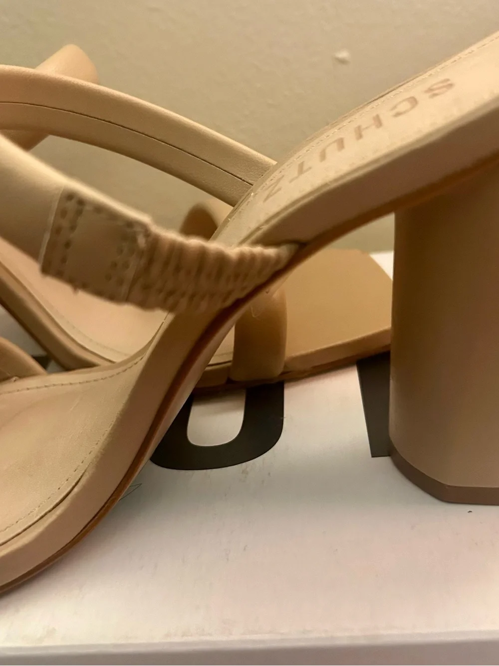 Schutz Ully Nappa Leather Mule Sandal Block Heels Beige Tan Nude Sz 7.5 w/ Box